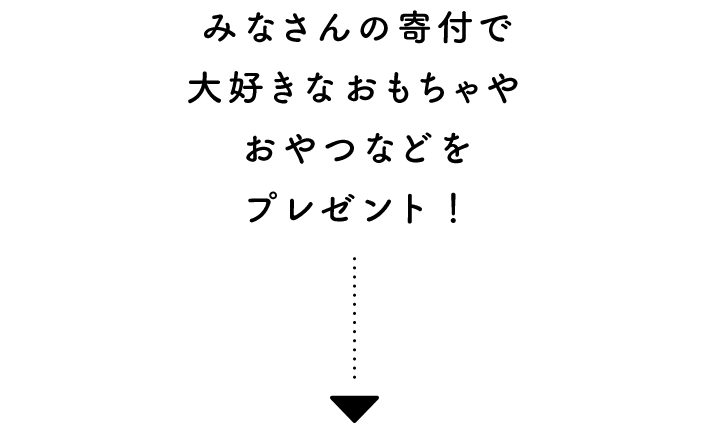 みなさんの寄付で大好きなおもちゃやおやつなどをプレゼント！